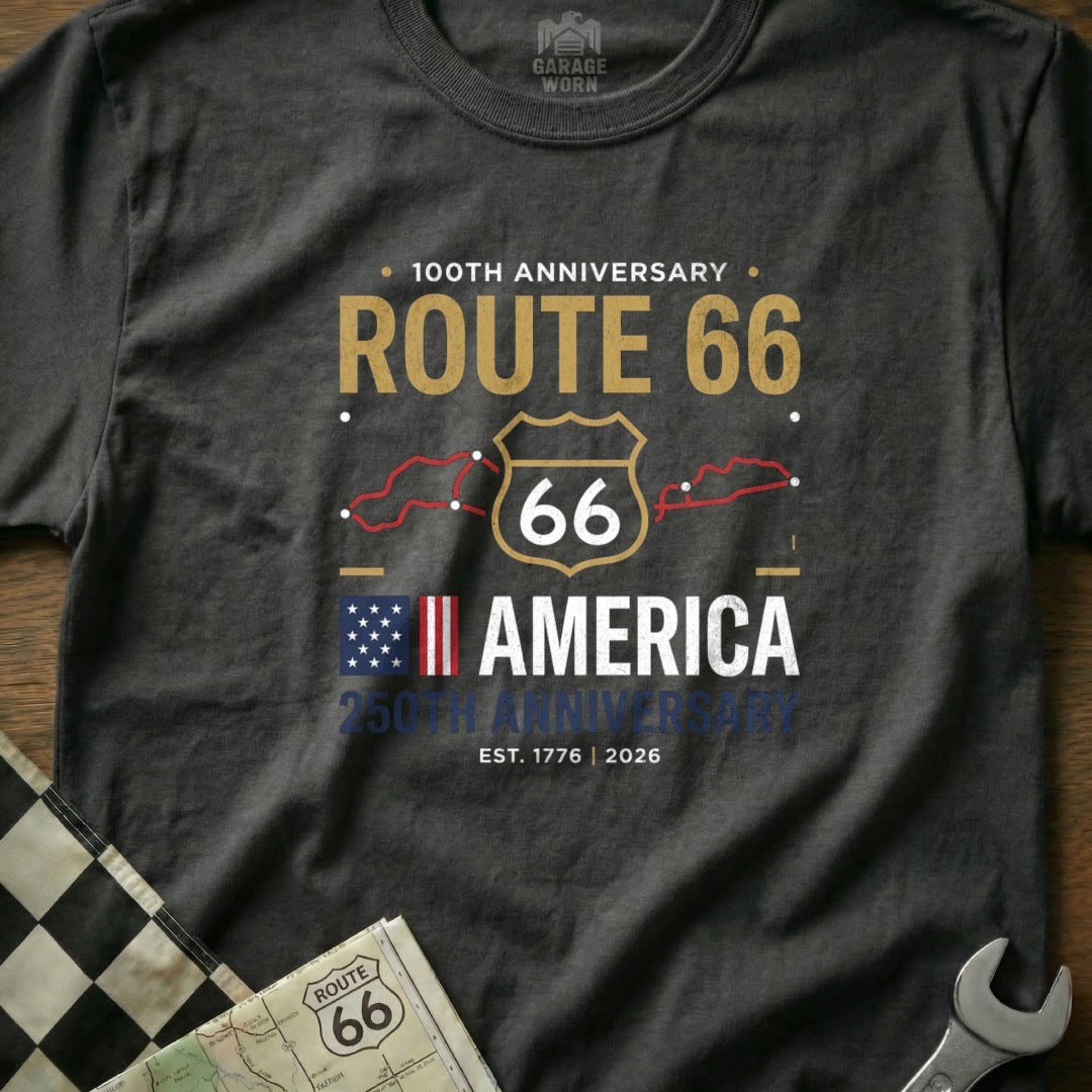 Gray t-shirt with Route 66 100th Anniversary and America 250th Anniversary design.