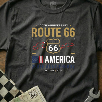 Gray t-shirt with Route 66 100th Anniversary and America 250th Anniversary design.