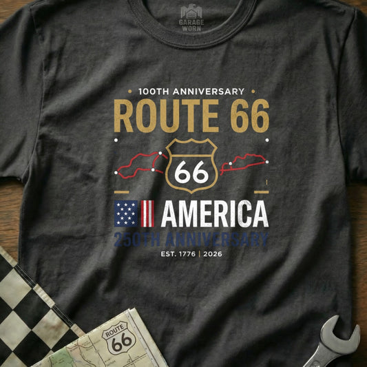 Gray t-shirt with Route 66 100th Anniversary and America 250th Anniversary design.