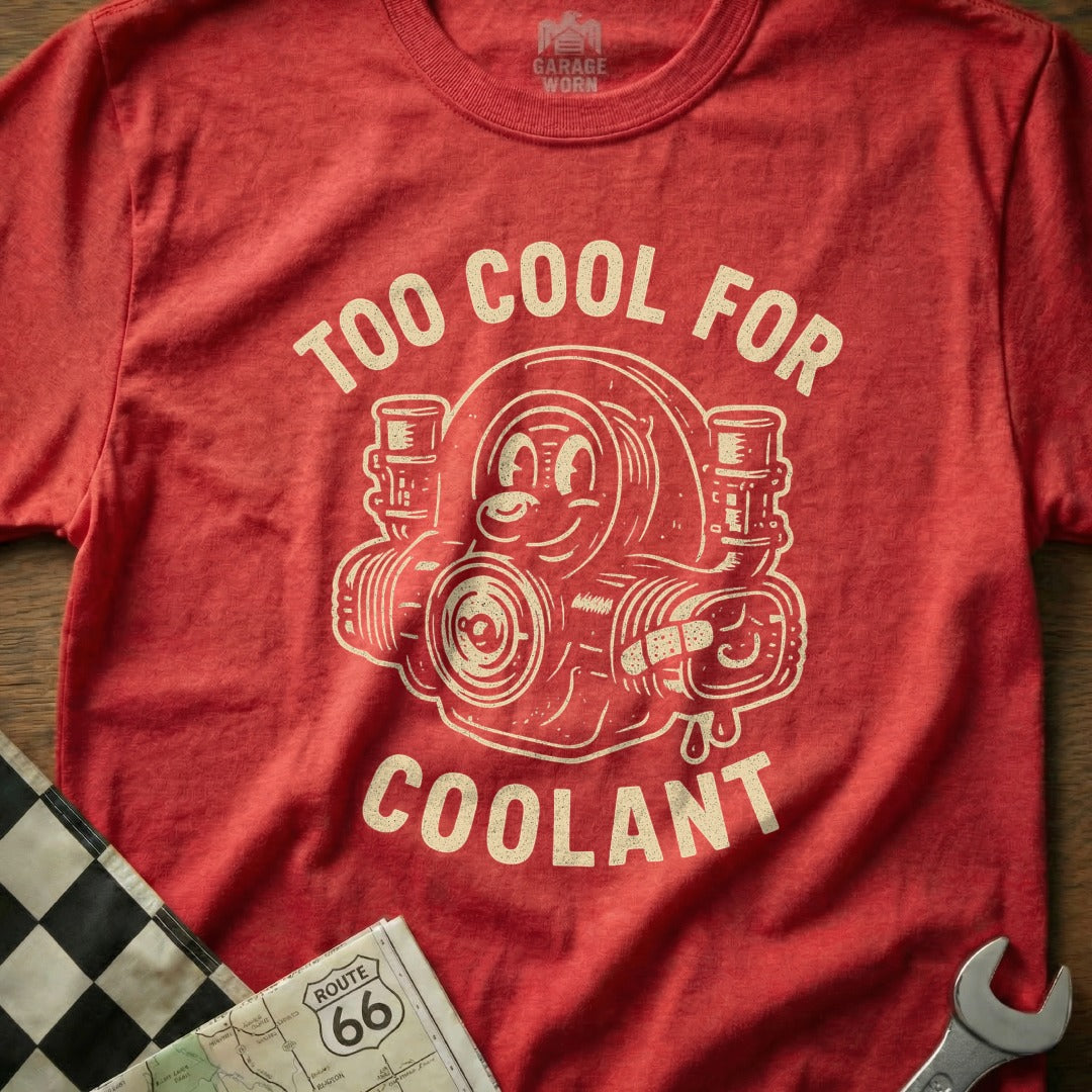 Red t-shirt with cartoon turbocharger graphic and "Too Cool for Coolant" text.