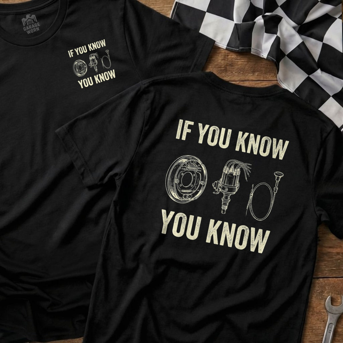 Black t-shirt with "If You Know You Know" and diagrams of engine parts.