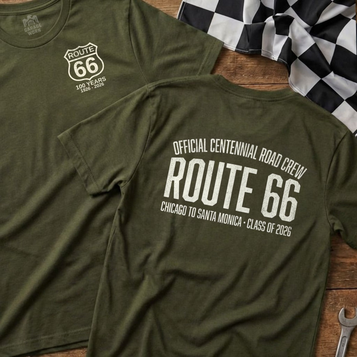 Olive green t-shirts celebrating Route 66's centennial with event details.