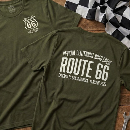 Olive green t-shirts celebrating Route 66's centennial with event details.
