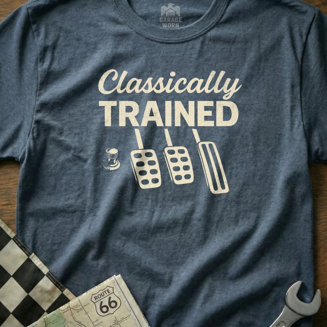 T-shirt with "Classically Trained" text and pedal illustration.