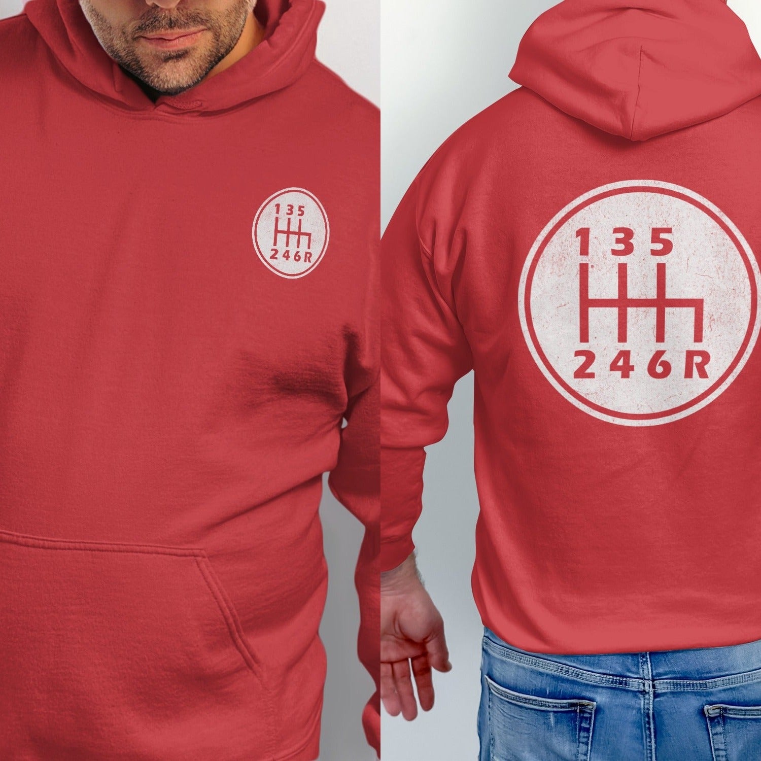 Red hoodie with a circular manual gear shift graphic on the front chest and back.