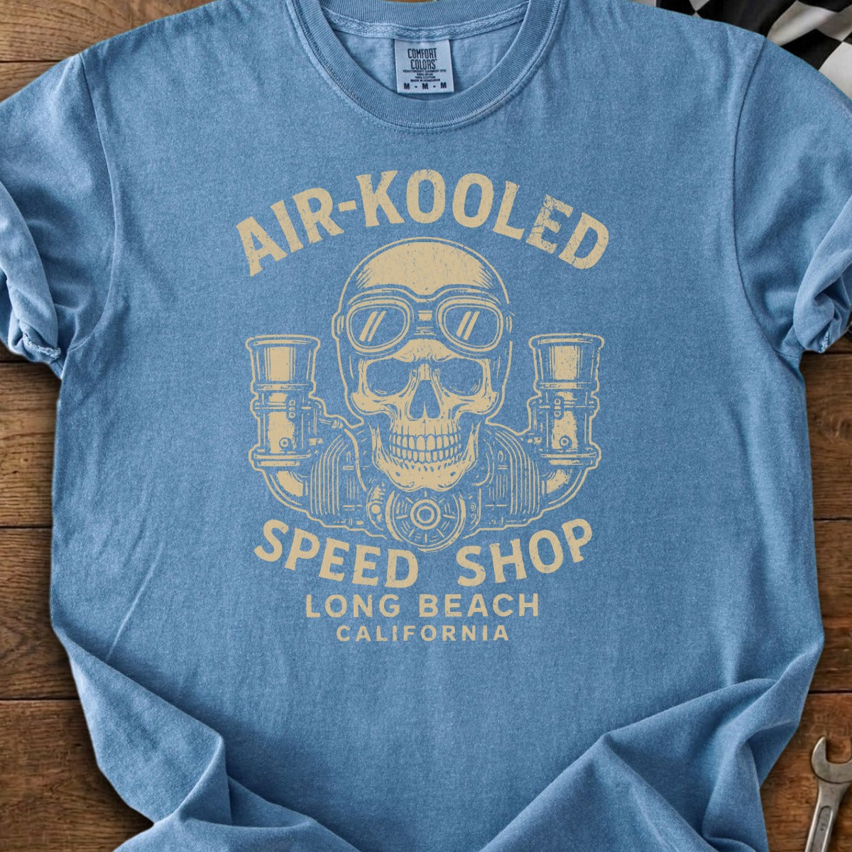T-shirt with "Air-Kooled Speed Shop" and skull graphic.
