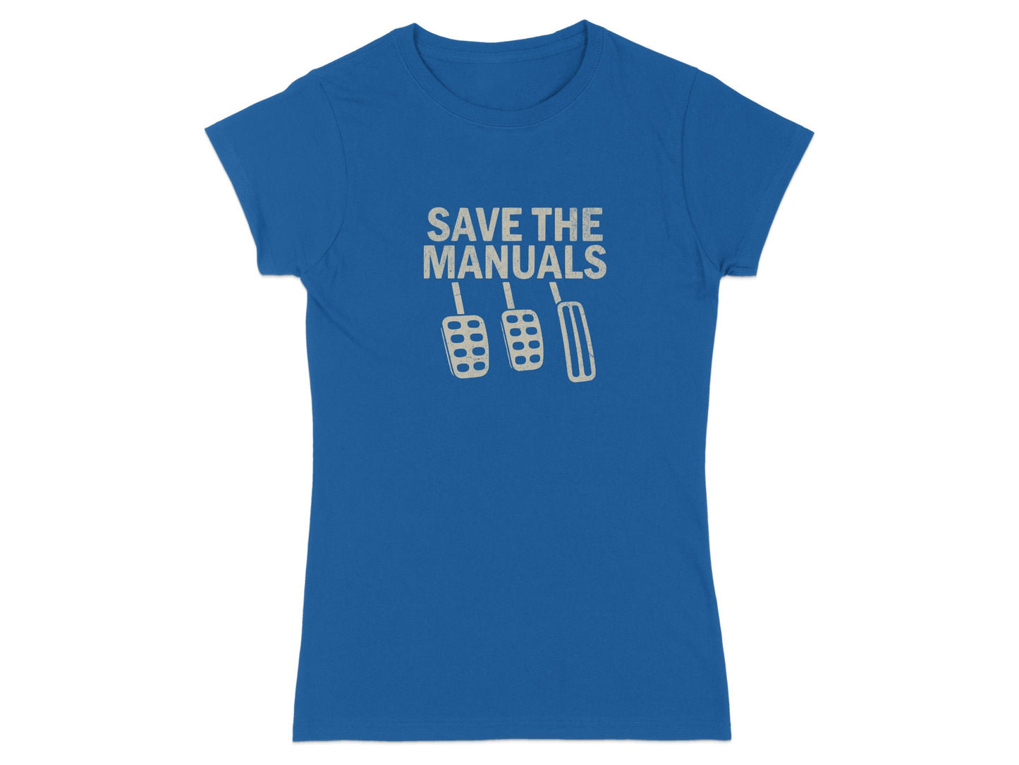 Blue t-shirt with "Save the Manuals" text and three gear shift pedals graphic.