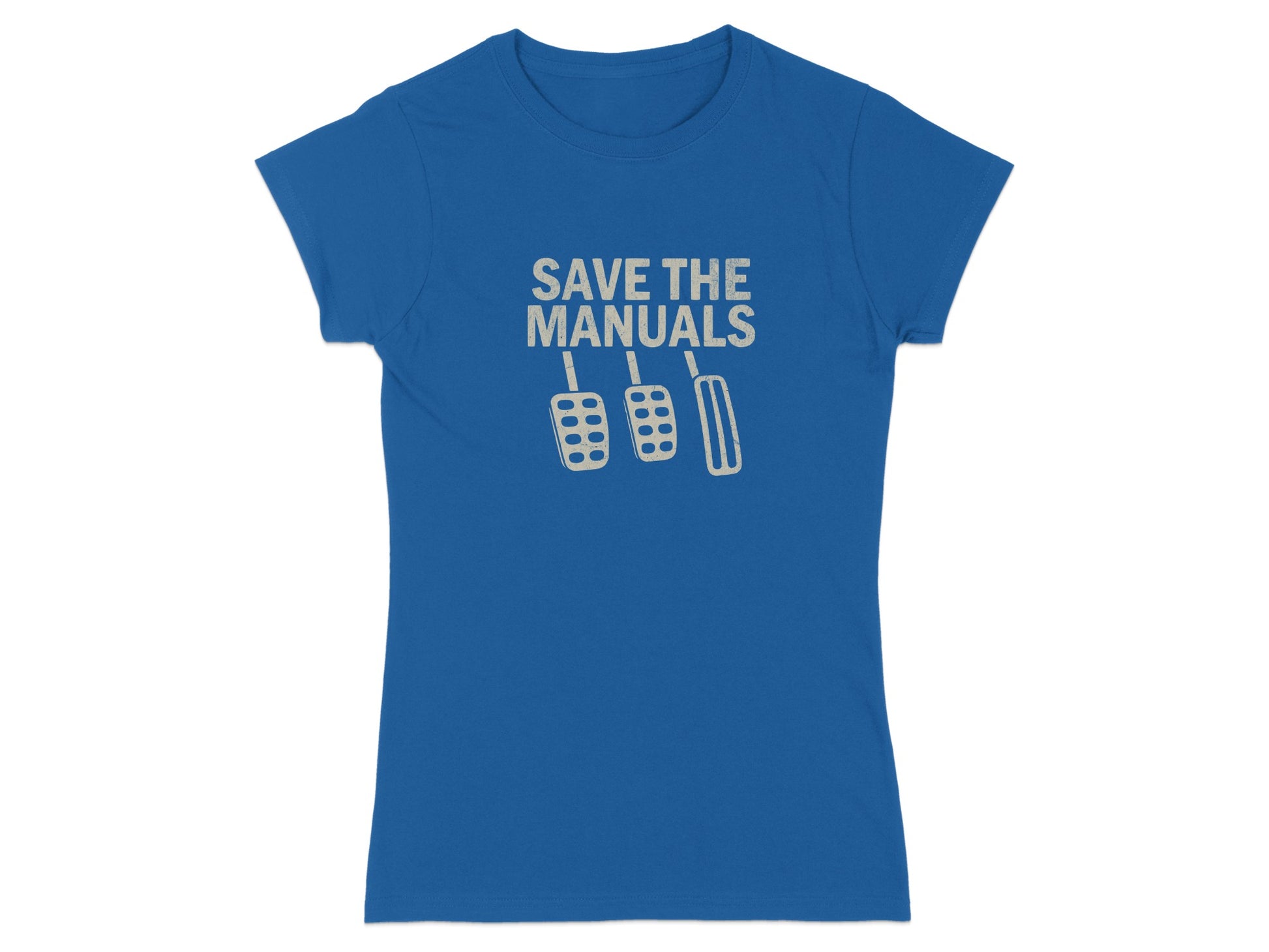 Blue t-shirt with "Save the Manuals" text and three gear shift pedals graphic.