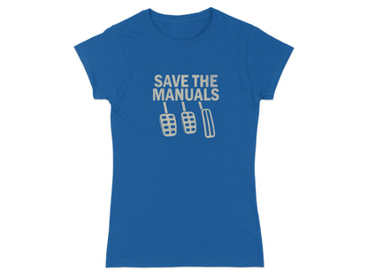 Blue t-shirt with "Save the Manuals" text and three gear shift pedals graphic.