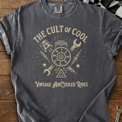 Dark grey t-shirt with "The Cult of Cool" and "Vintage Air-Cooled Rides" text and graphics.