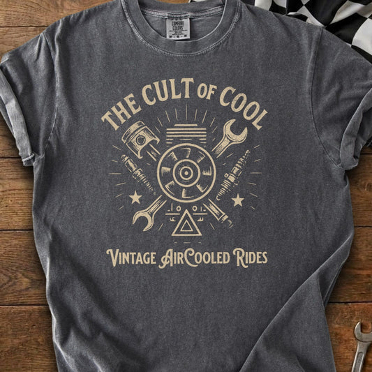 Dark grey t-shirt with "The Cult of Cool" and "Vintage Air-Cooled Rides" text and graphics.