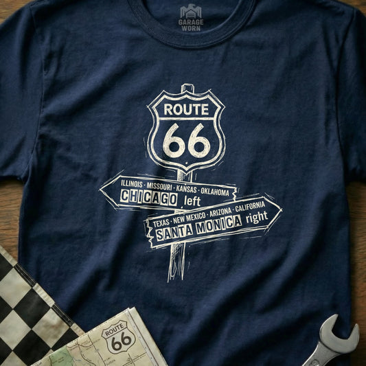 Navy t-shirt with Route 66 signpost graphic showing directions to Chicago and Santa Monica.