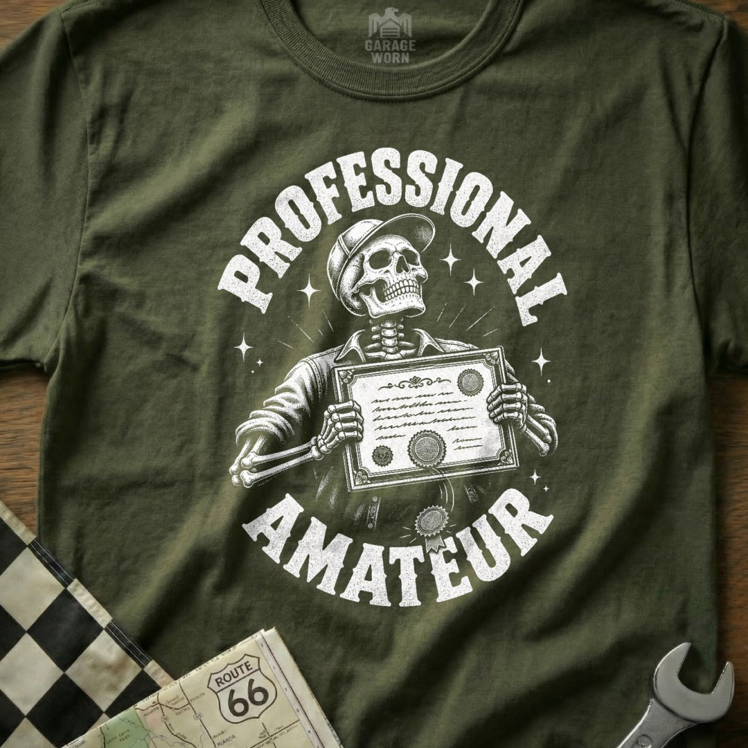 Skeleton holding a certificate with text "PROFESSIONAL AMATEUR".