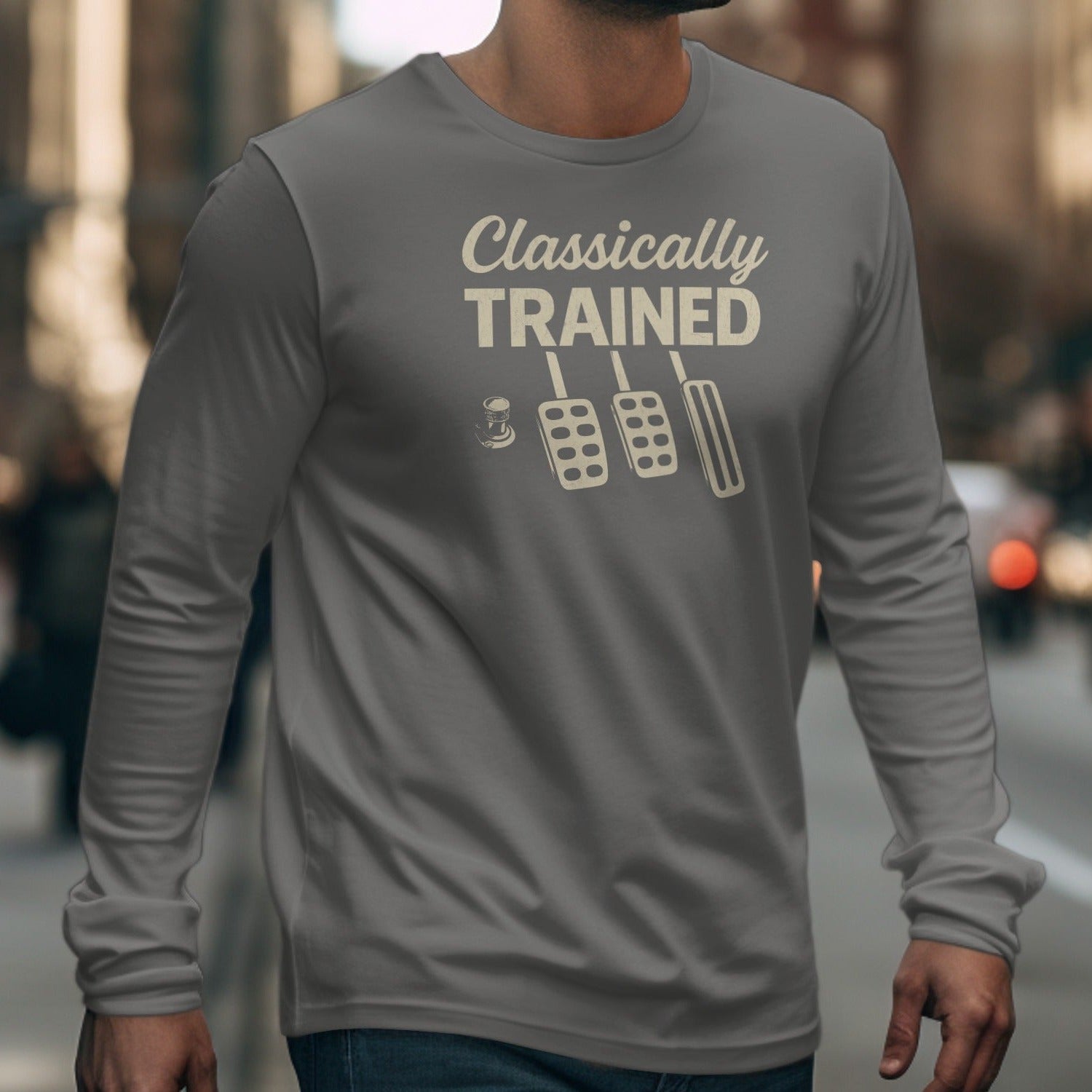 Gray long-sleeve t-shirt with "Classically TRAINED" and three pedals graphic.