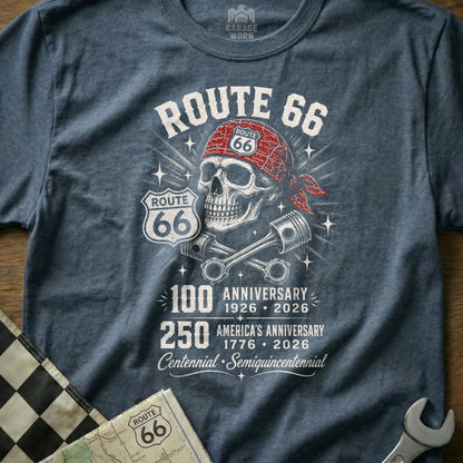Skull with bandana wearing Route 66 shirt, pistons, and anniversary text.