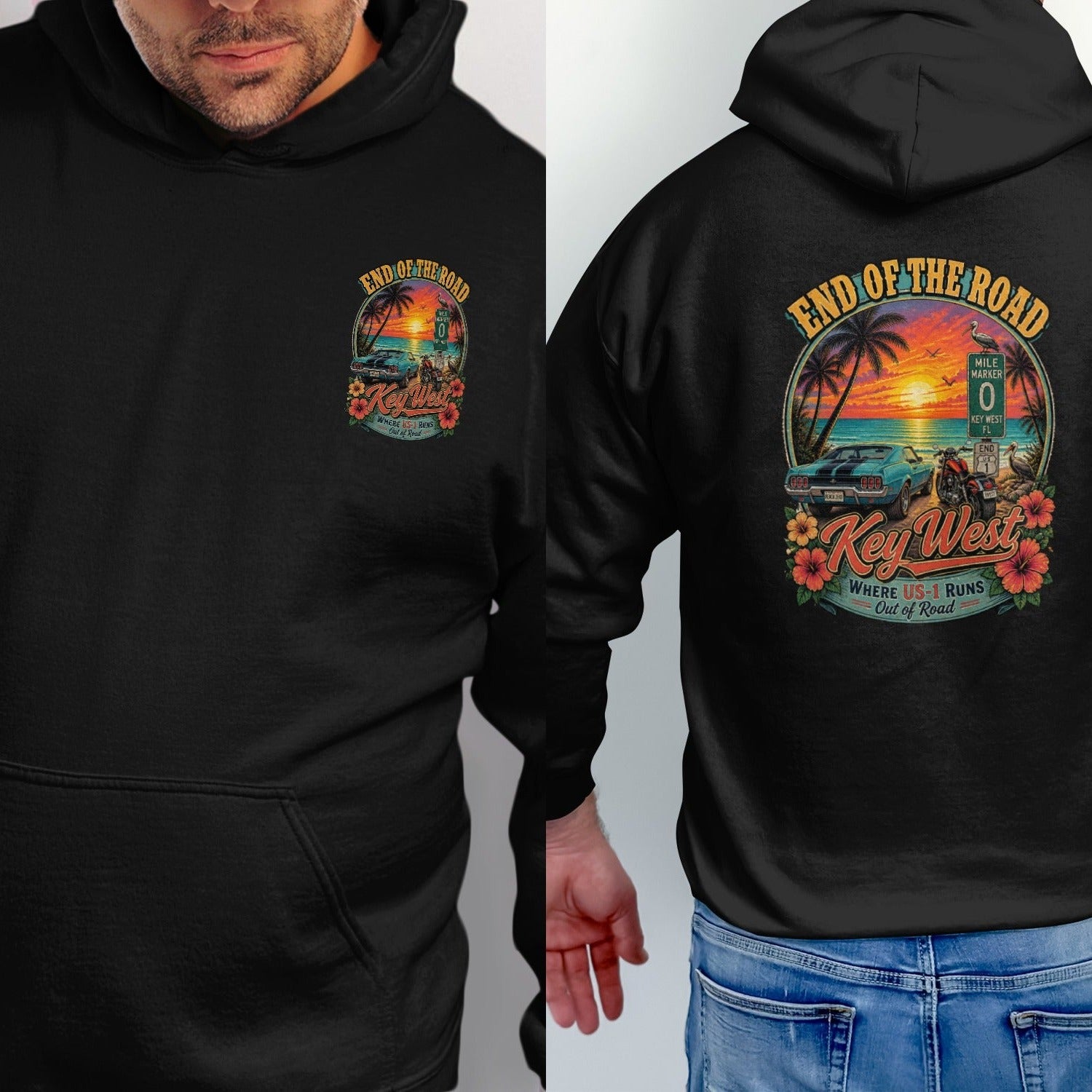 Black hoodie with a Key West sunset graphic featuring a classic car and motorcycle.