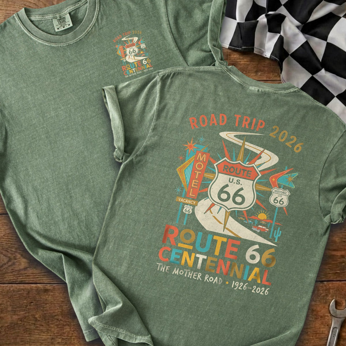 Green shirt with Route 66 Centennial graphics and "Road Trip 2026" text.