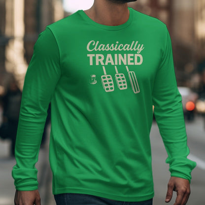 Green long-sleeve shirt with "Classically TRAINED" and car pedals design.
