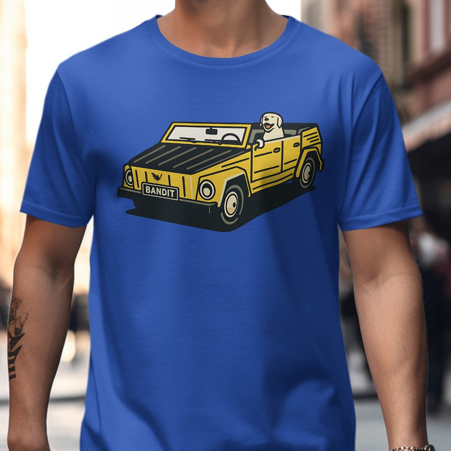 Vintage Yellow Car Print on Blue T-Shirt product