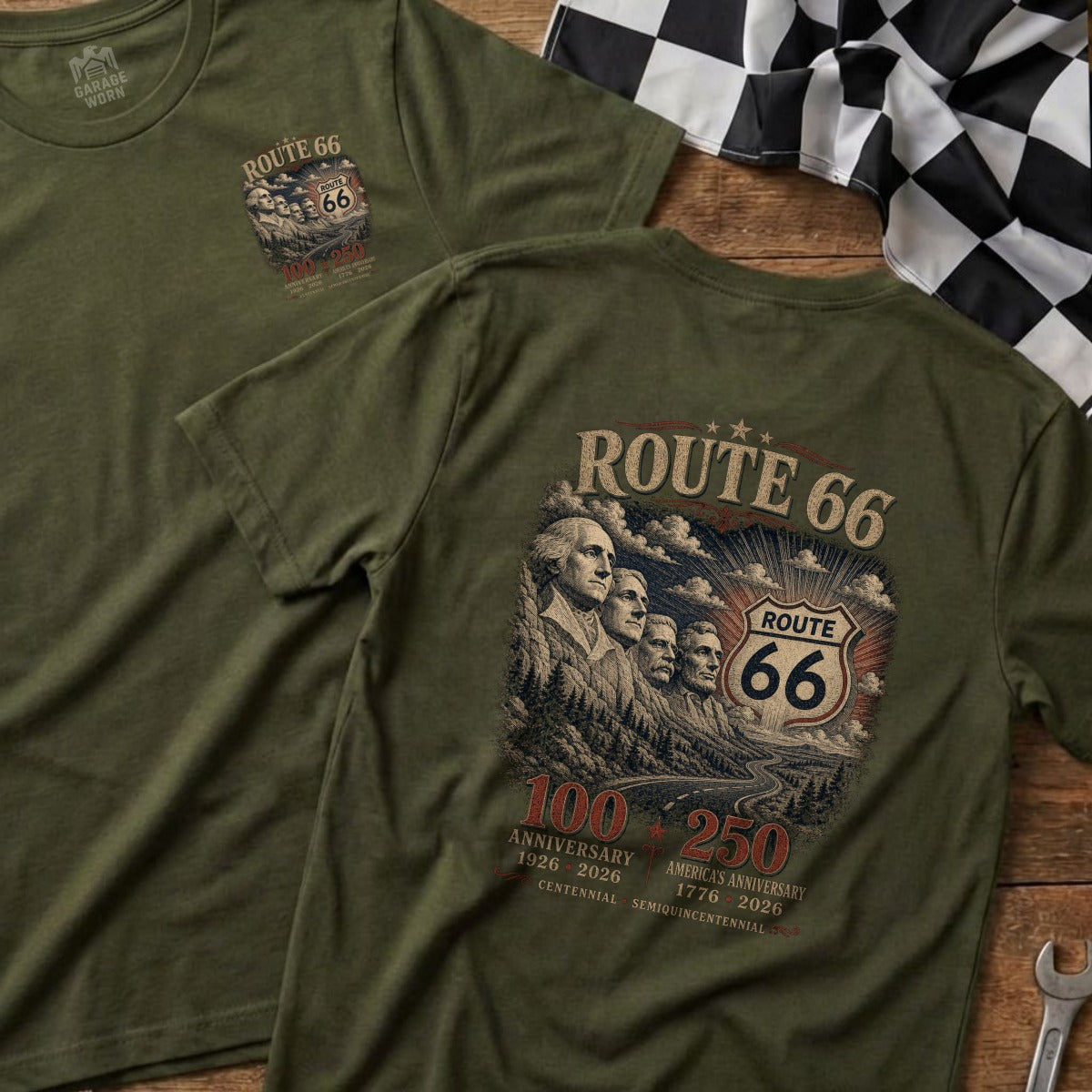 Olive green t-shirt with Route 66 graphic featuring Mount Rushmore and anniversary dates.
