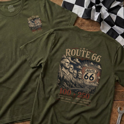 Olive green t-shirt with Route 66 graphic featuring Mount Rushmore and anniversary dates.