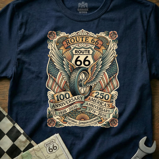 Route 66 graphic with wings, tire, flags, and anniversary text.