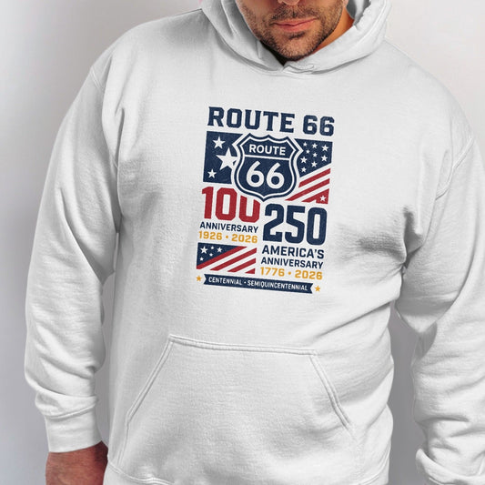 Route 66 100th anniversary 1926-2026 America's anniversary 1776-2026 graphic.