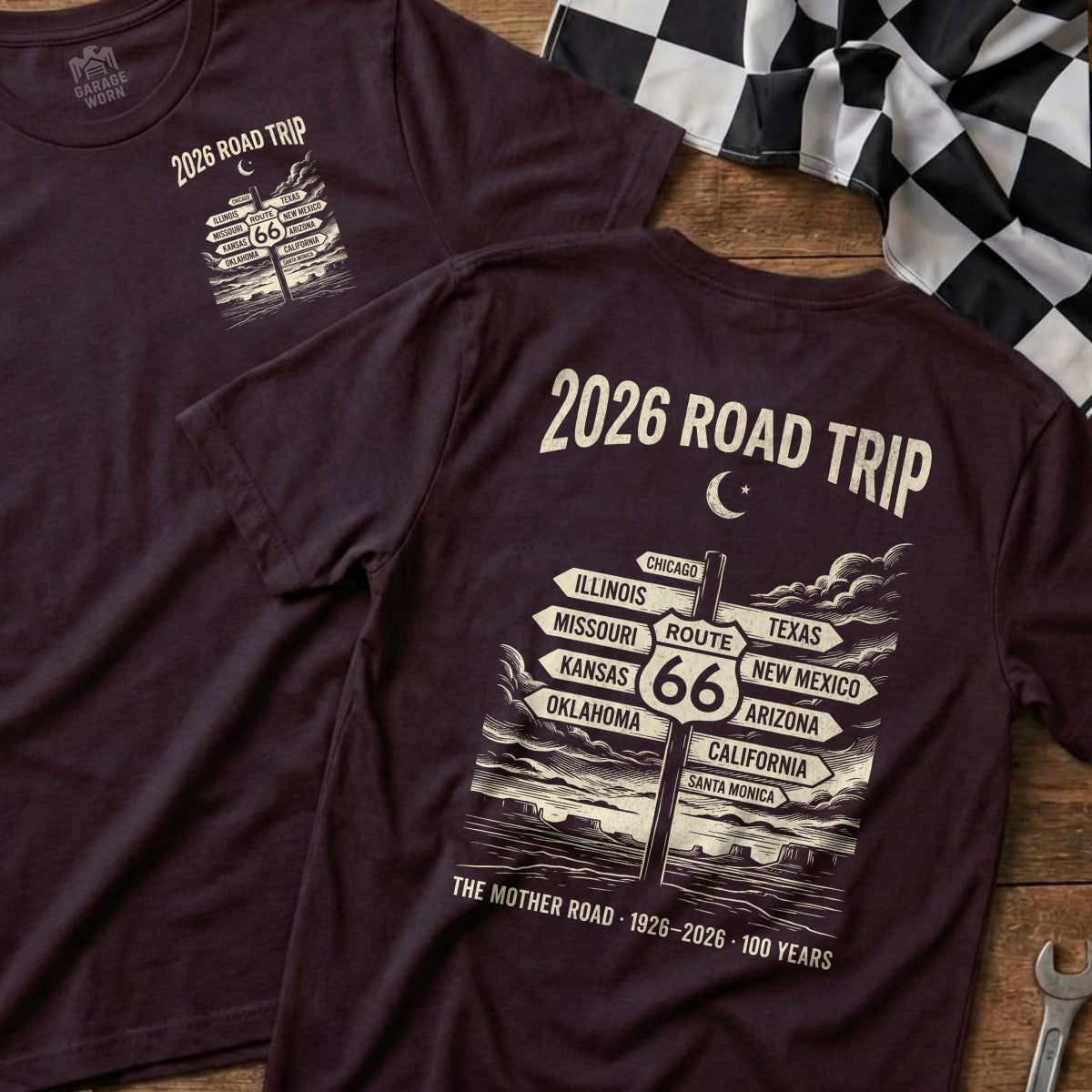 Road trip t-shirt featuring "2026 Road Trip" and Route 66 destinations.