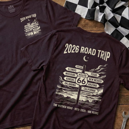 Road trip t-shirt featuring "2026 Road Trip" and Route 66 destinations.