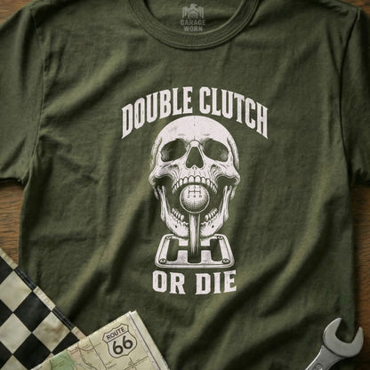 Green t-shirt with skull and "Double Clutch or Die" text.