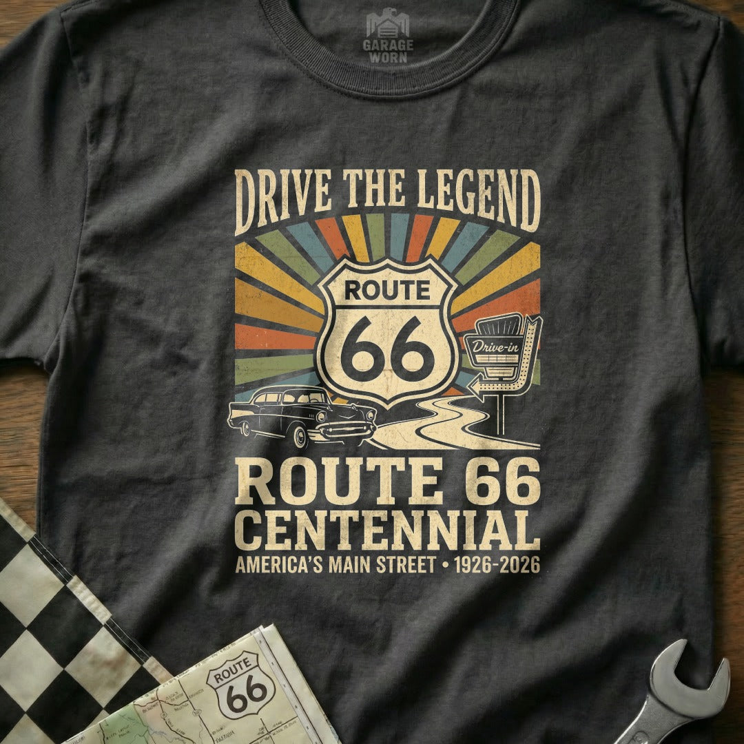 Route 66 Centennial graphic with vintage car and drive-in sign.