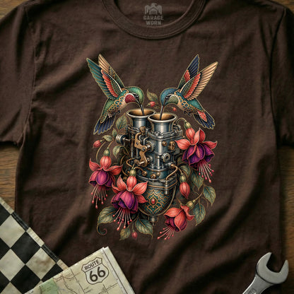 Two hummingbirds feed from a vintage carburetor surrounded by fuchsia flowers.