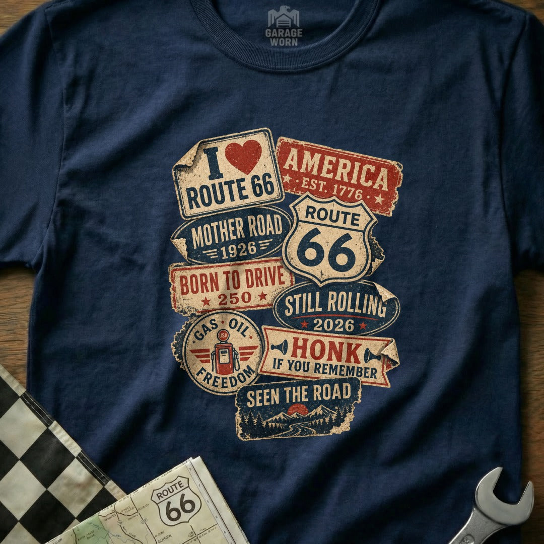 Navy t-shirt with Route 66 and Americana themed graphics.