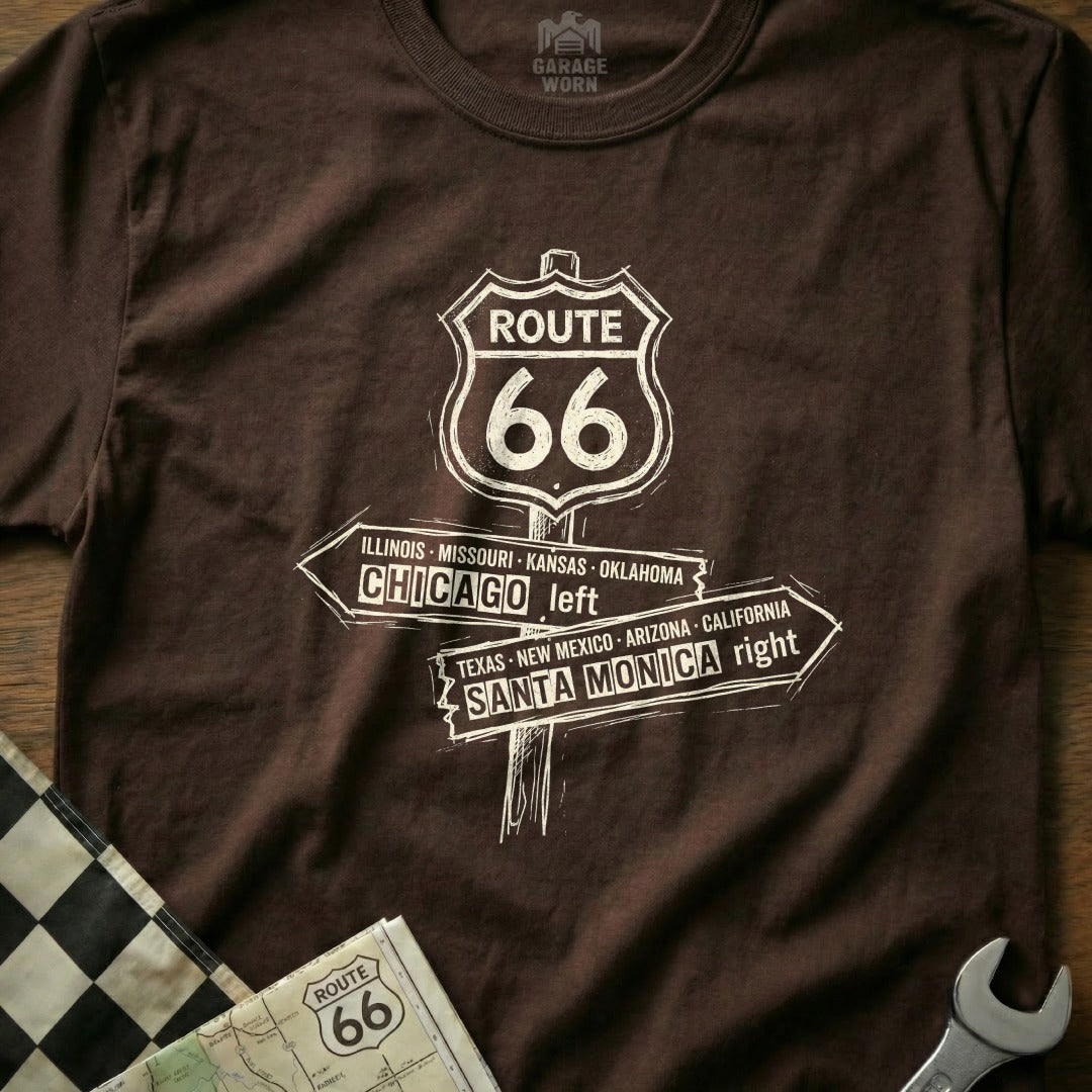 Brown t-shirt with Route 66 shield and directional signs for Chicago and Santa Monica.