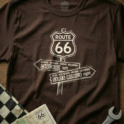 Brown t-shirt with Route 66 shield and directional signs for Chicago and Santa Monica.