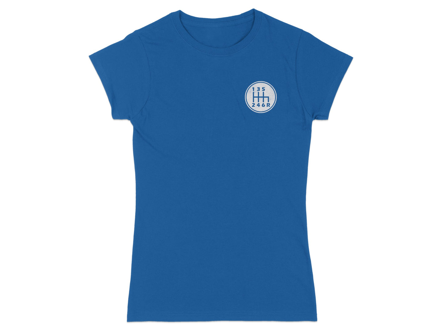 Blue t-shirt with a white circular graphic of a manual transmission shift pattern.