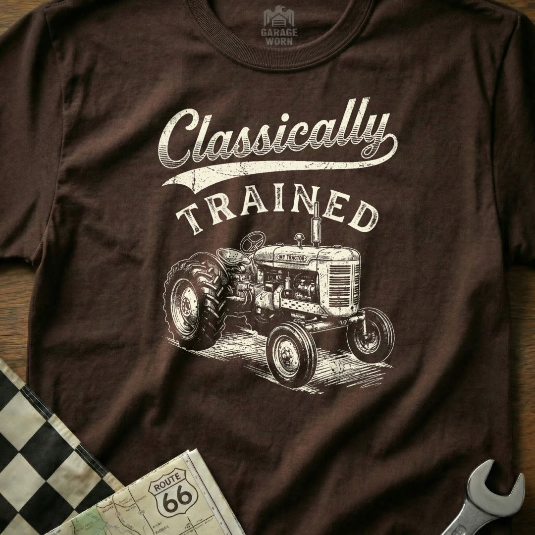 Brown t-shirt with white "Classically TRAINED" text and tractor graphic.
