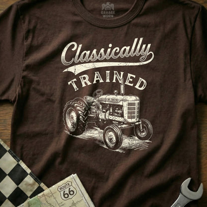Brown t-shirt with white "Classically TRAINED" text and tractor graphic.
