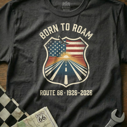 T-shirt with "Born to Roam Route 66 1926-2026" and a road sunset emblem.