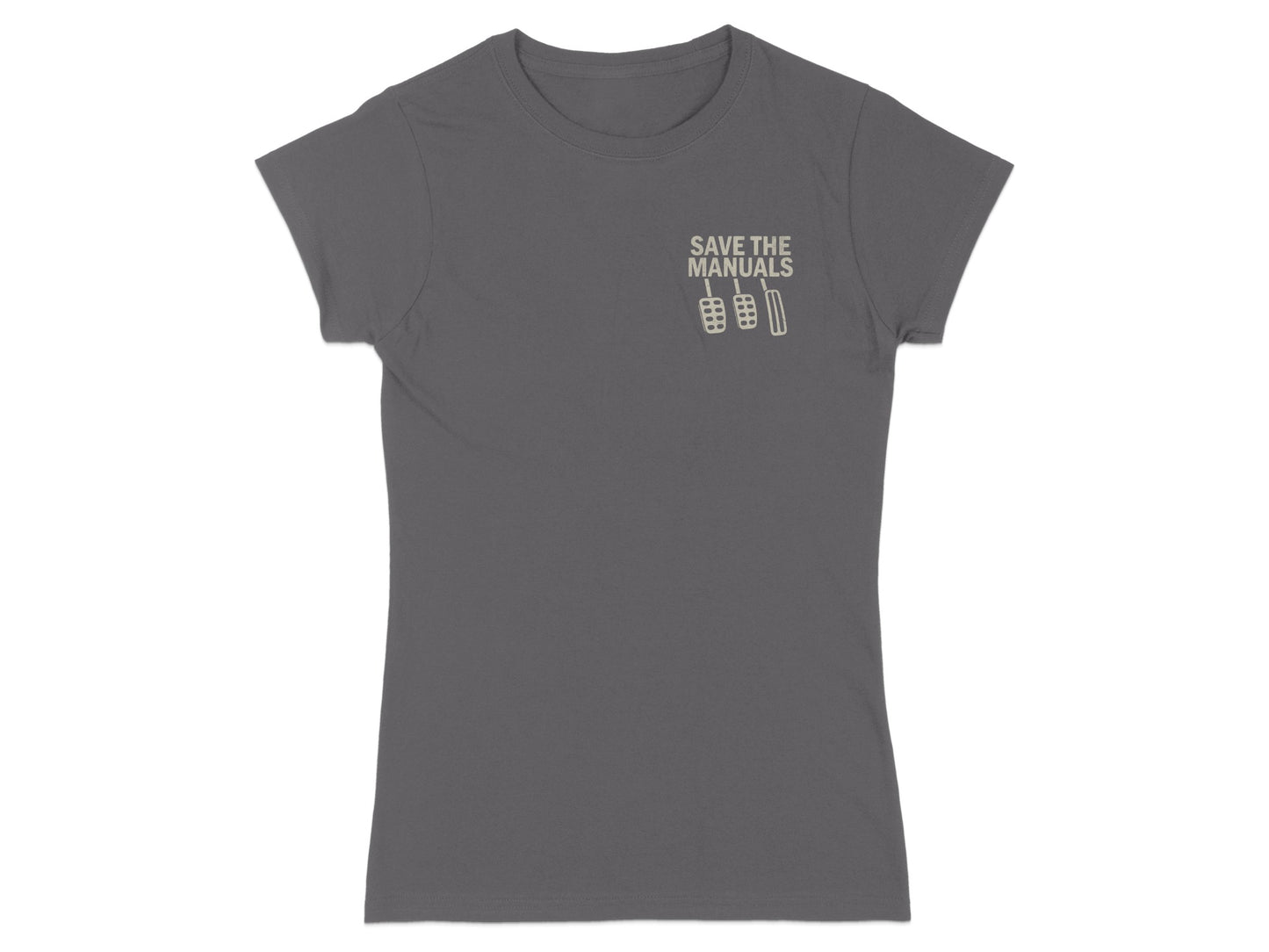 Grey t-shirt with "SAVE THE MANUALS" and gear shift pedals graphic.