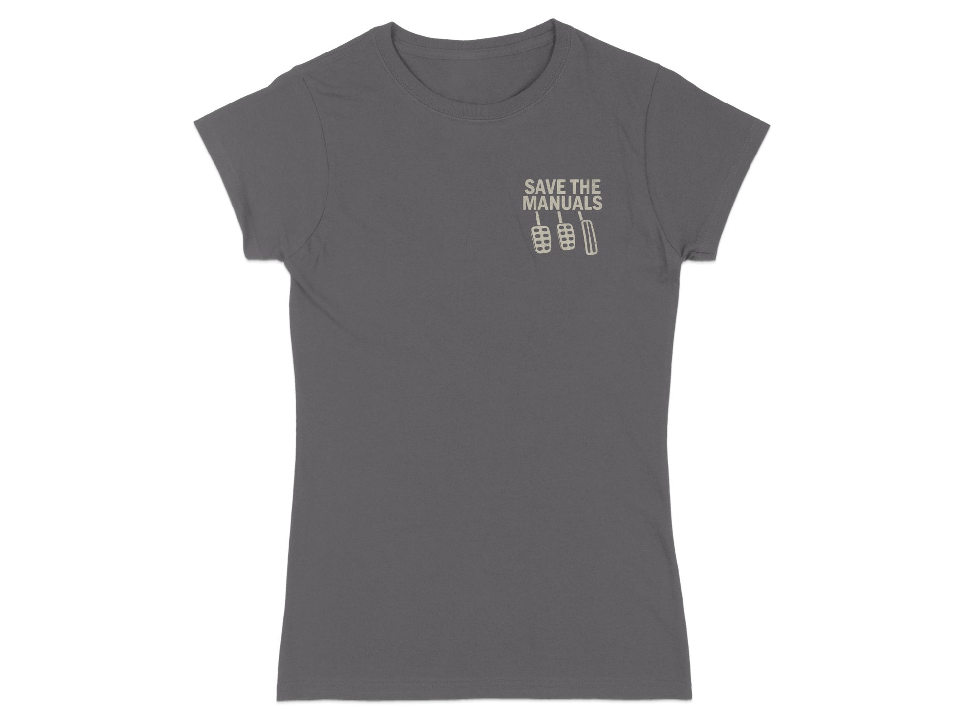 Grey t-shirt with "SAVE THE MANUALS" and gear shift pedals graphic.