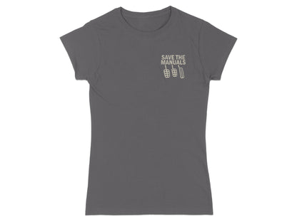 Grey t-shirt with "SAVE THE MANUALS" and gear shift pedals graphic.