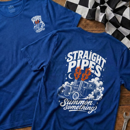 Blue t-shirt with "STRAIGHT PIPES Summon Something" graphic of a hot rod with flames.