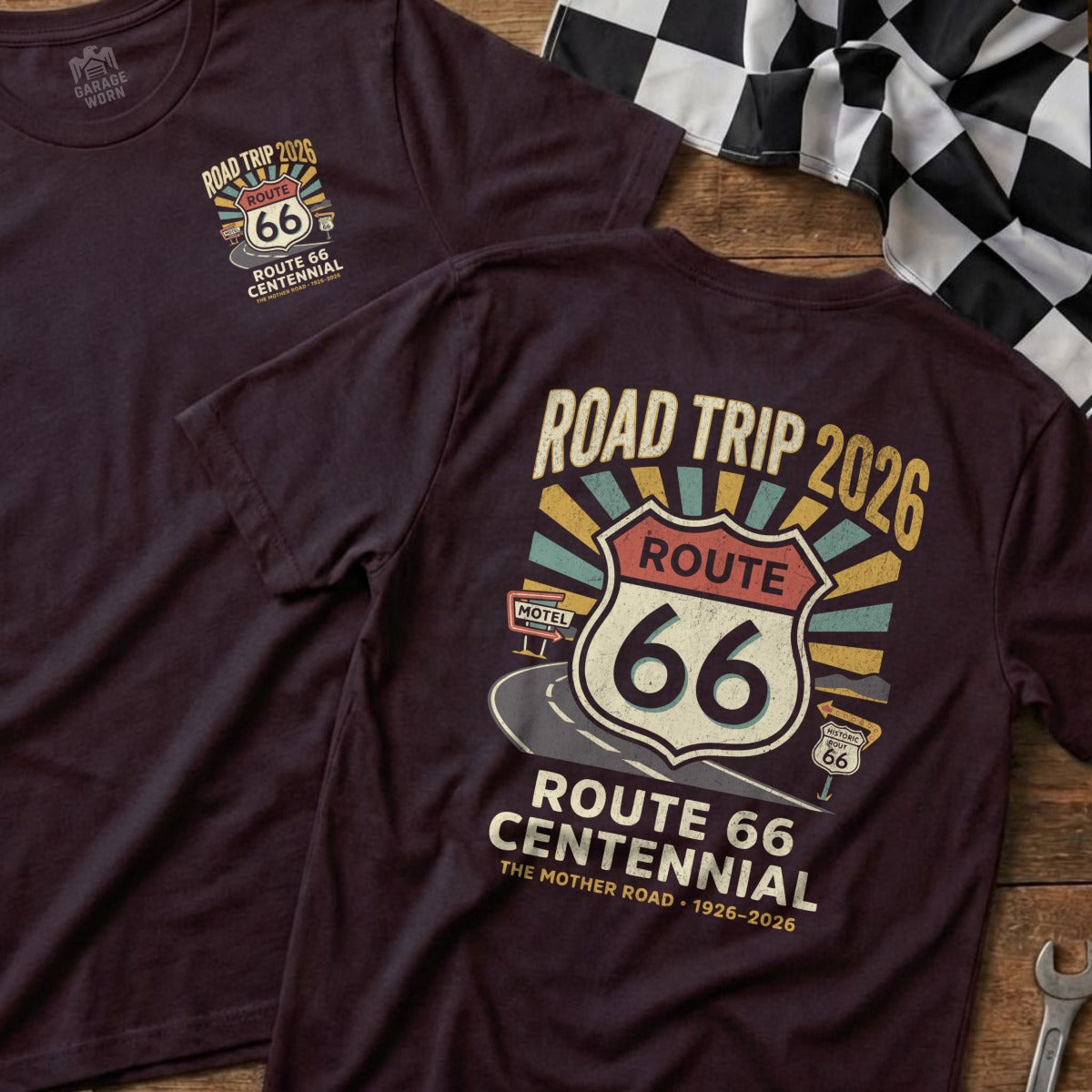 Burgundy t-shirt with Route 66 Centennial graphic and "The Mother Road 1926-2026."