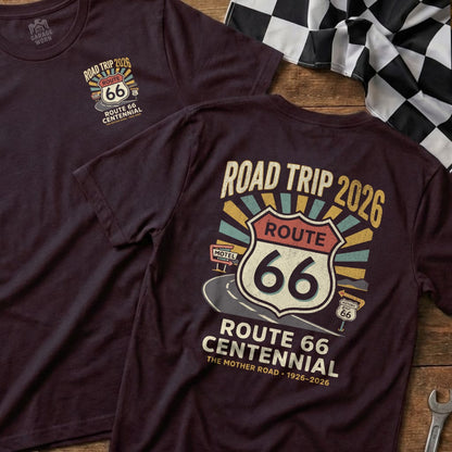 Burgundy t-shirt with Route 66 Centennial graphic and "The Mother Road 1926-2026."