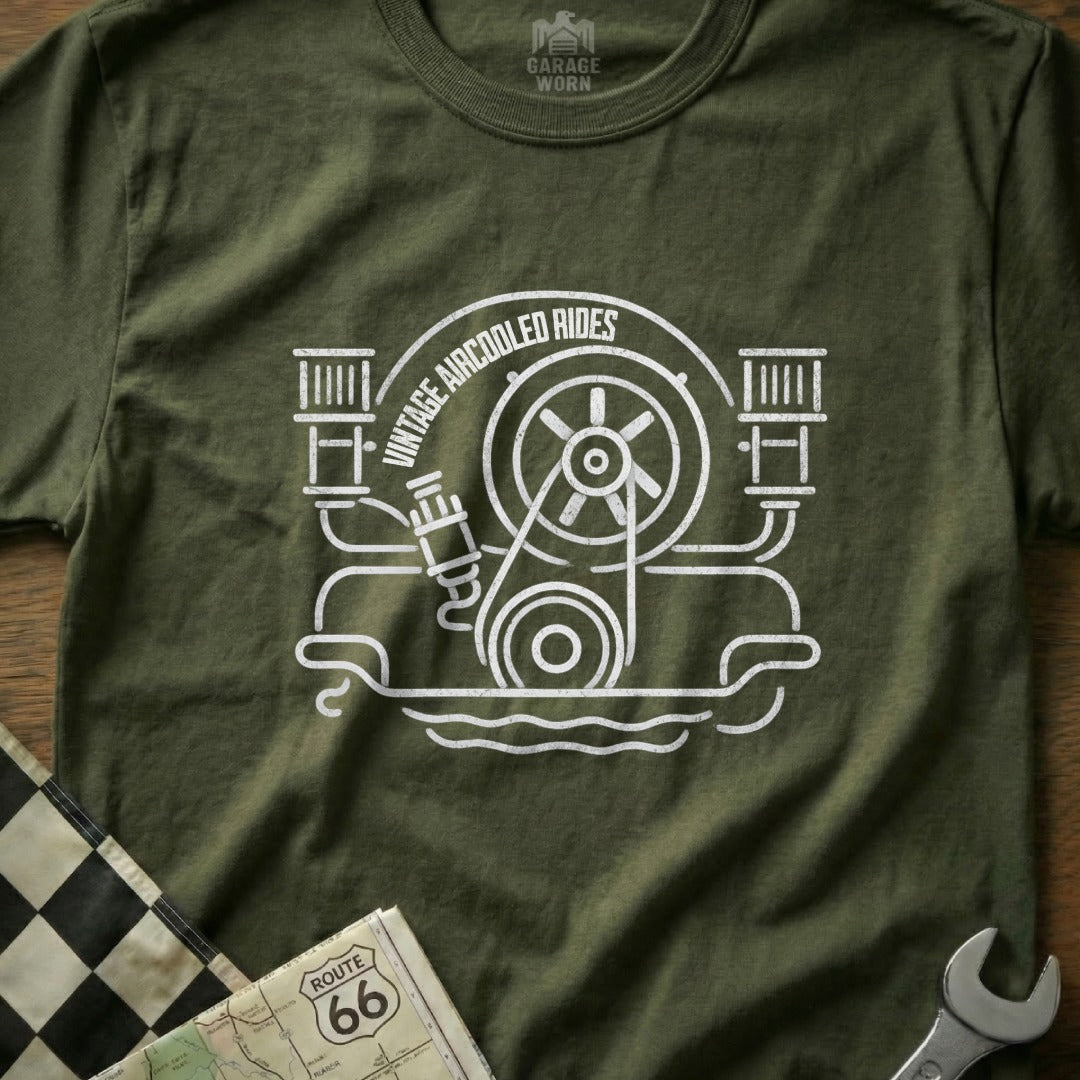 Olive green t-shirt with white graphic of an air-cooled engine and "Vintage Aircooled Rides" text.
