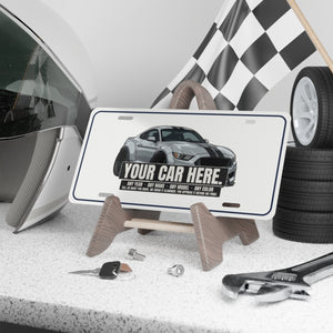 Your car here vanity plate on a garage shelf