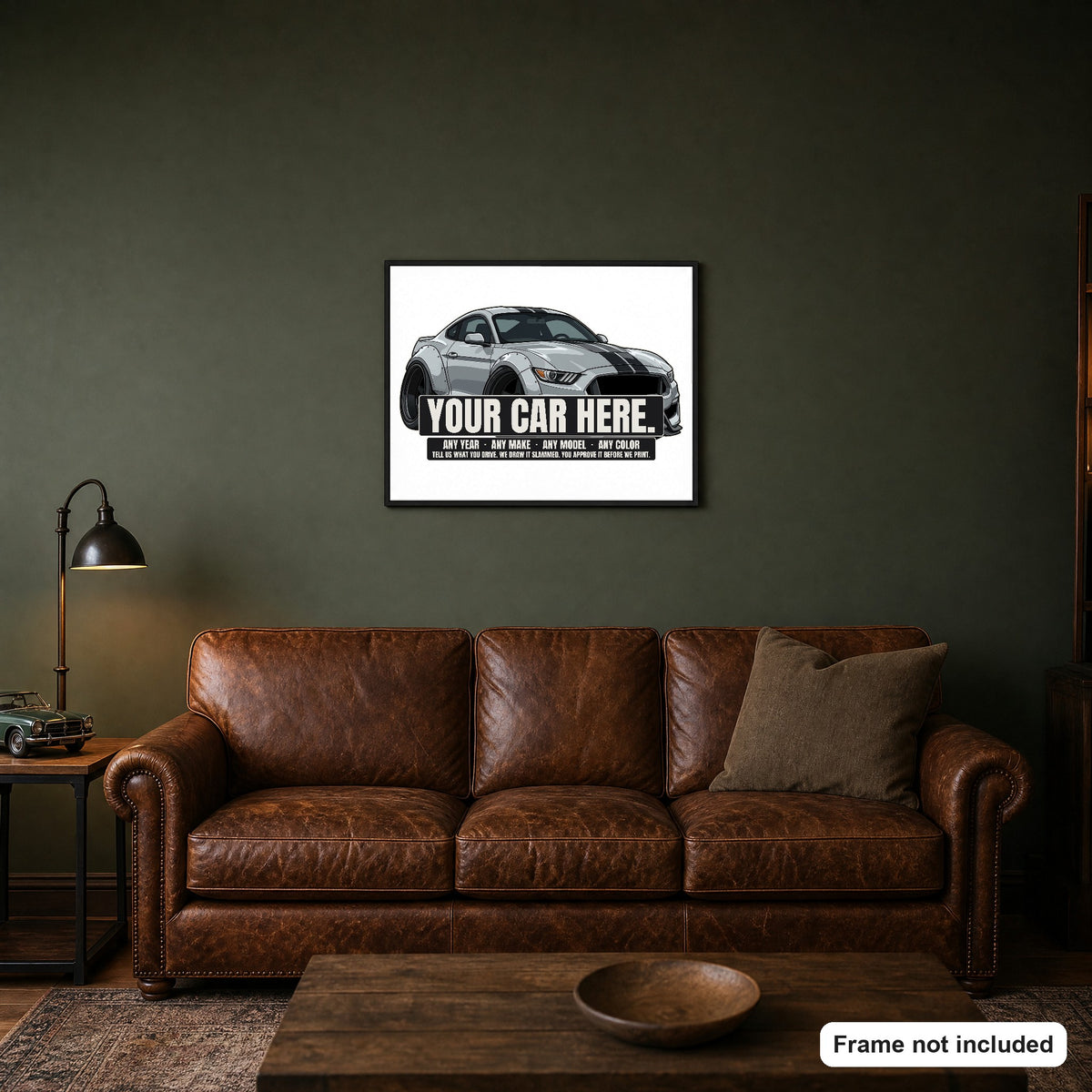 Your car here - poster framed in a den above a leather sofa (frame not included)