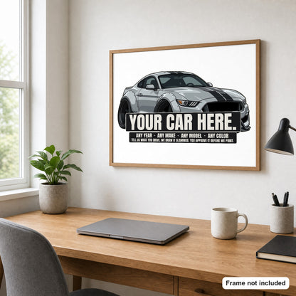 Your car here - poster framed above a home-office desk (frame not included)
