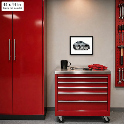 Your car here - 14 x 11 in poster above a red tool chest in a garage (frame not included)
